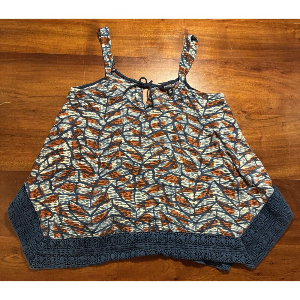 Lucky Brand XS Camisole Tank Top Leaf Print Crochet Lace Trim Blue Orange
